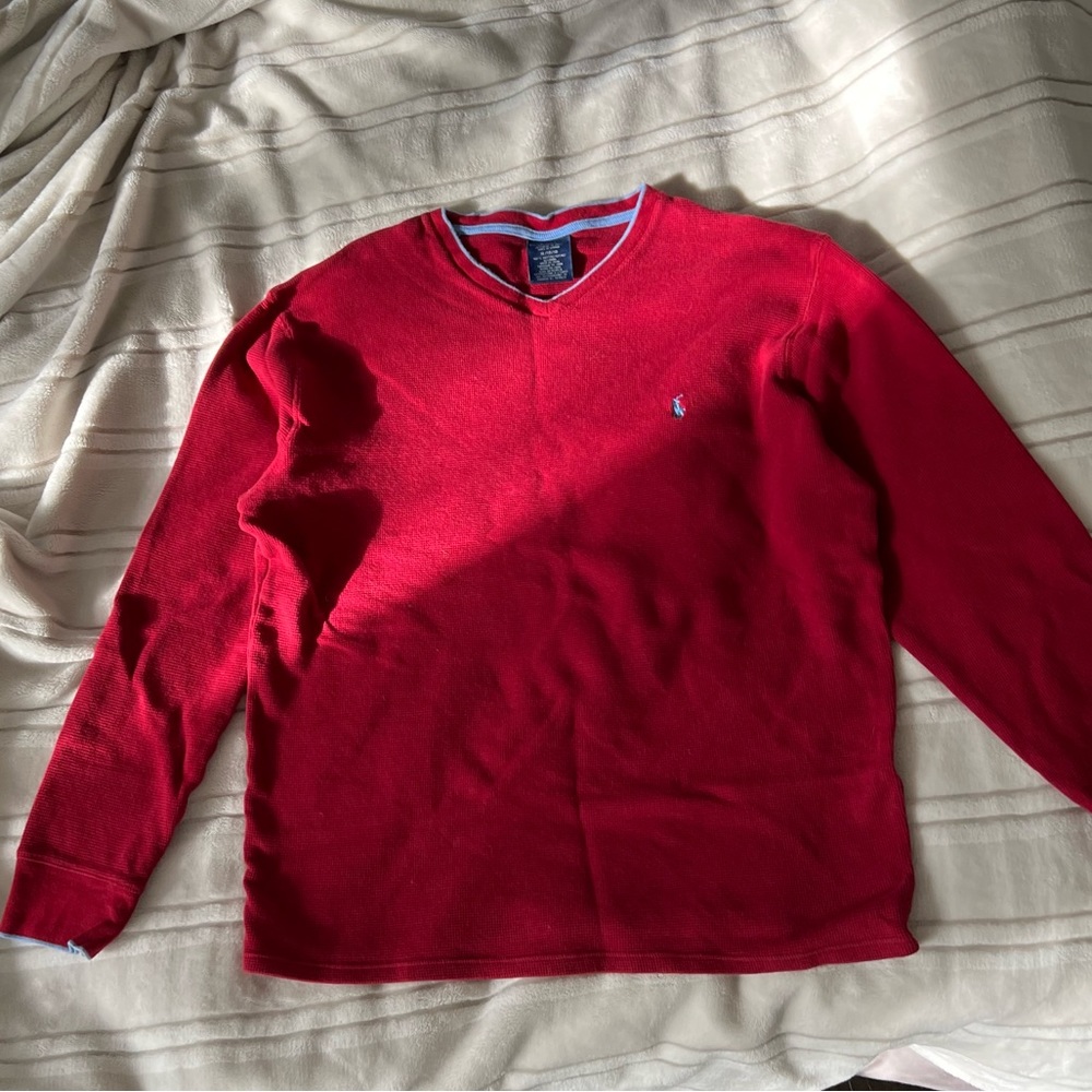 polo ralph lauren red and blue accent waffle knit sleepwear long sleeve top